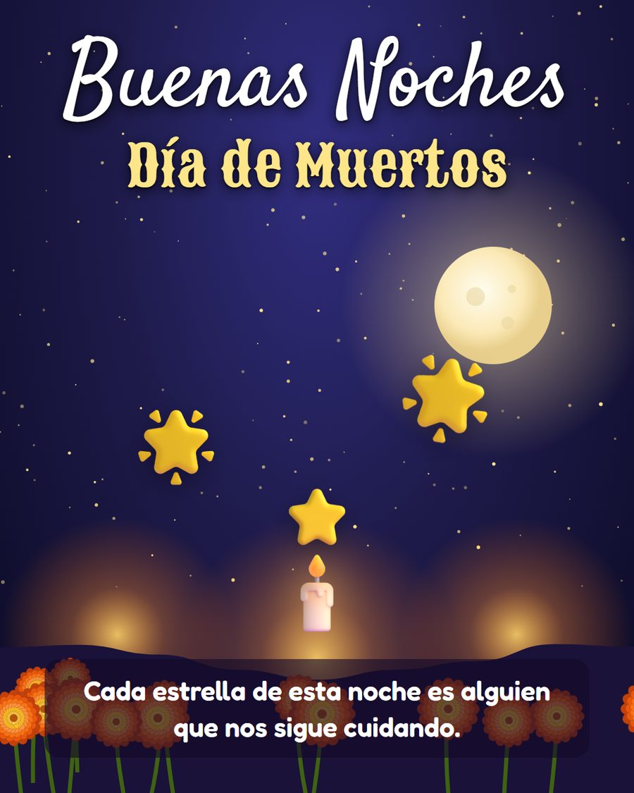 buenas noches dia de muertos con estrellas y vela encendida