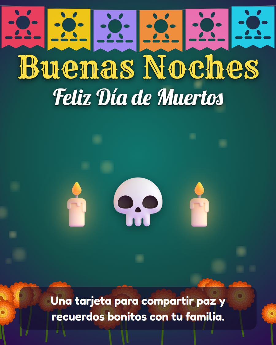 tarjeta de buenas noches de dia de muertos con calavera y velas