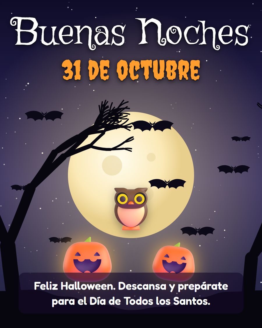 buenas noches 31 de octubre feliz halloween con buho y calabazas