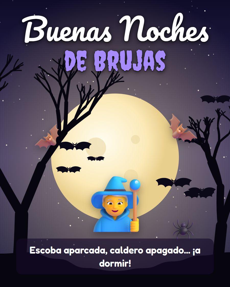 buenas noches de brujas con bruja luna llena y murcielagos