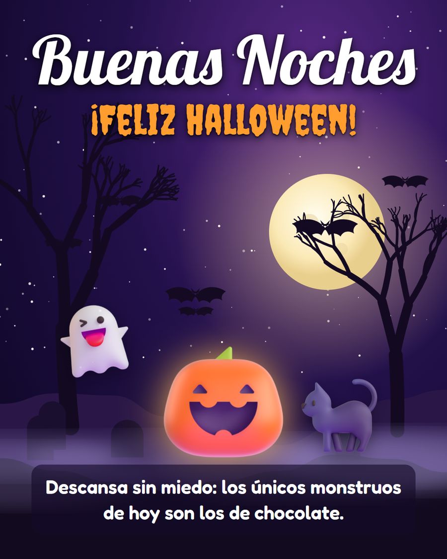 buenas noches feliz halloween con calabaza gato negro y fantasma