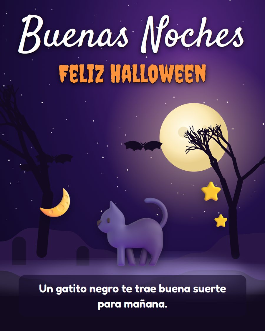 buenas noches feliz halloween con gato negro y luna