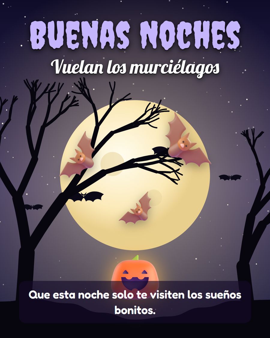 buenas noches halloween con murcielagos volando ante la luna