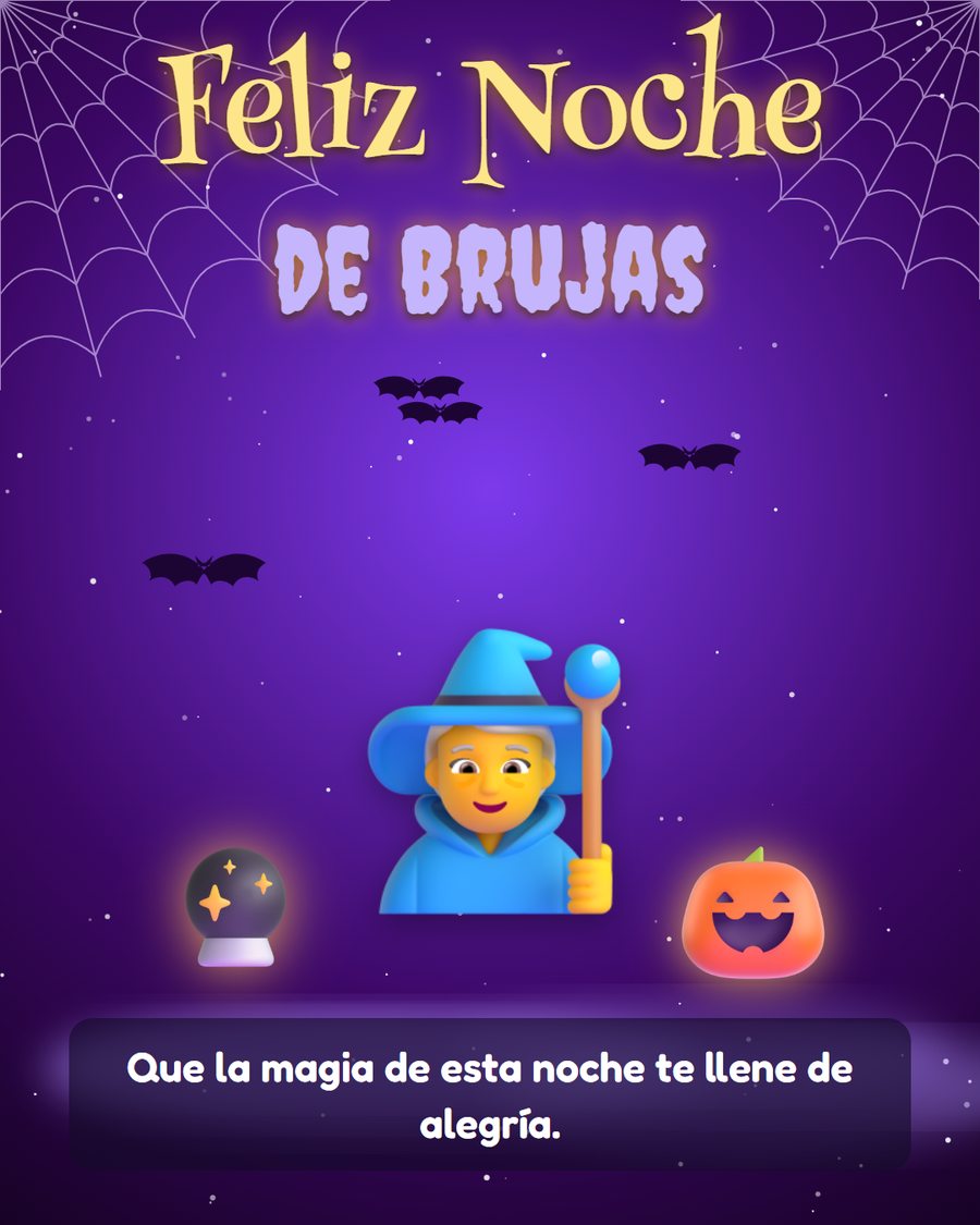 feliz noche de brujas con brujita bola de cristal y calabaza