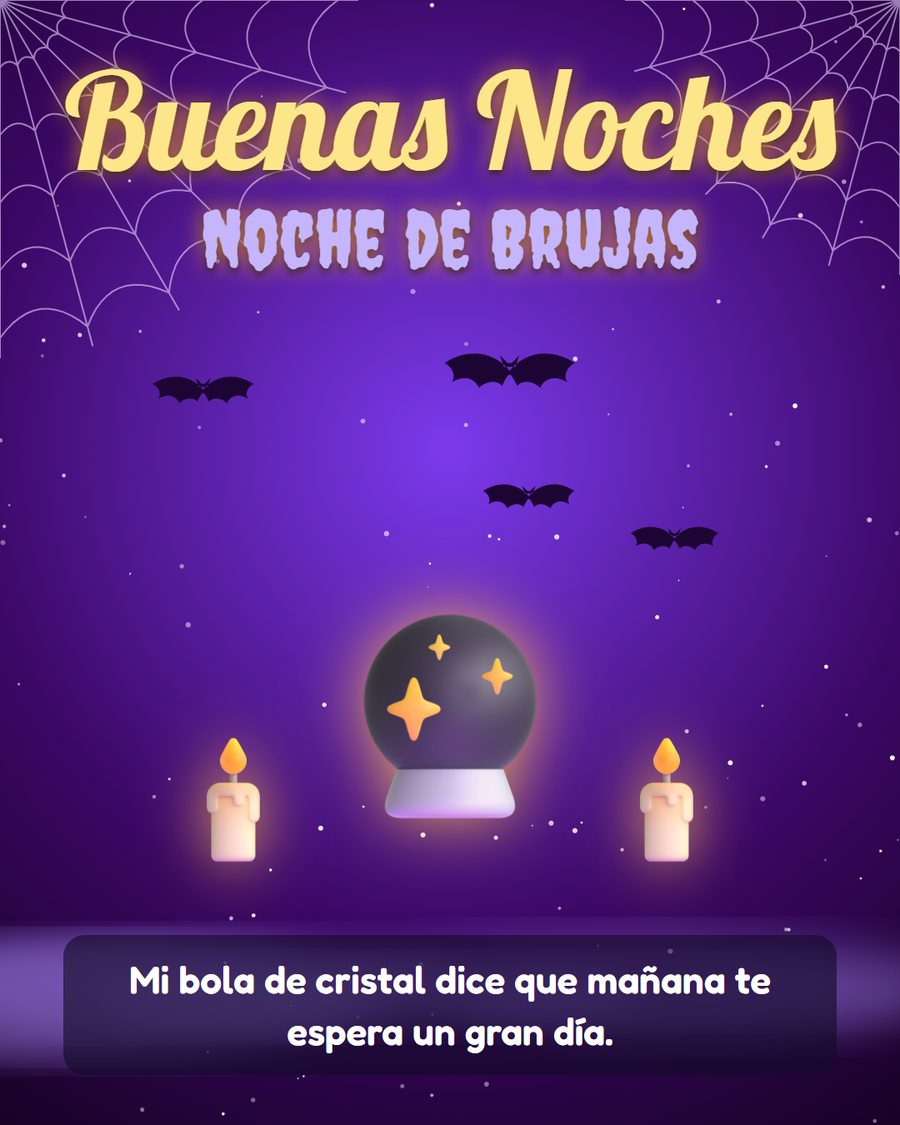 mensaje de buenas noches de brujas con bola de cristal y velas