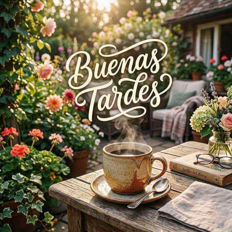buenas tardes cafe en el jardin al atardecer postal bonita