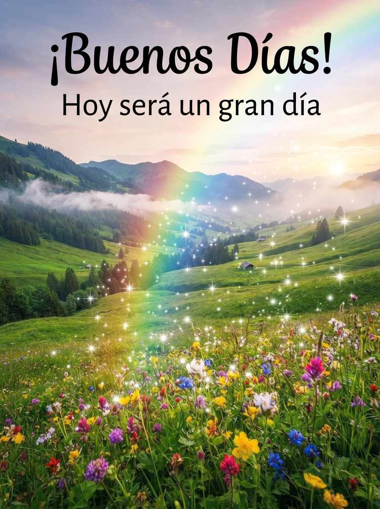 paisaje radiante con arcoiris y flores silvestres buenos dias con alegria