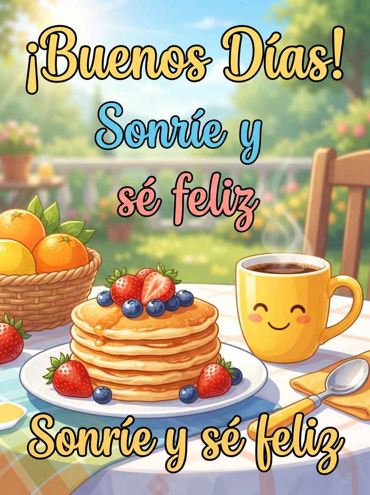 desayuno alegre de buenos dias con tortitas frutas frescas y cafe