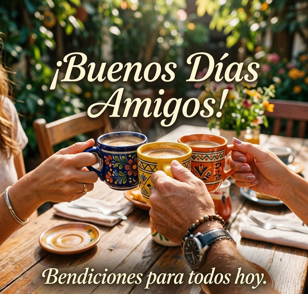 buenos dias amigos chocar tazas cafe