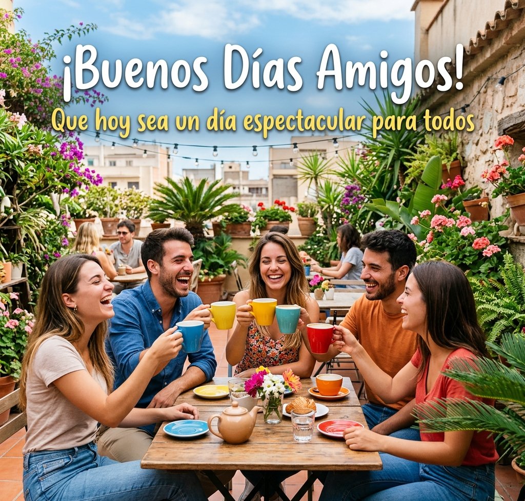 buenos dias amigos brindis cafe terraza