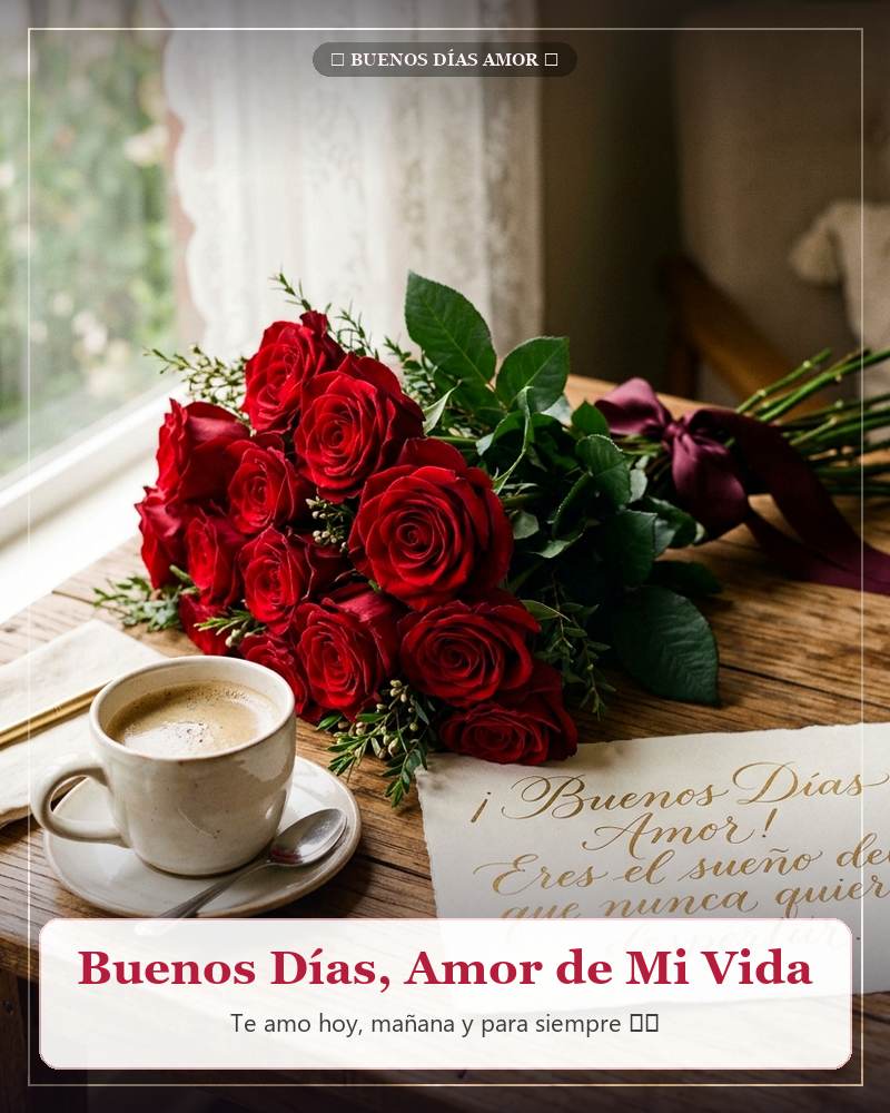 Buenos días amor de mi vida con rosas rojas y corazones