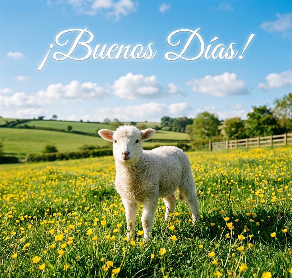 Corderito blanco en un pasto verde con flores amarillas dando los buenos días
