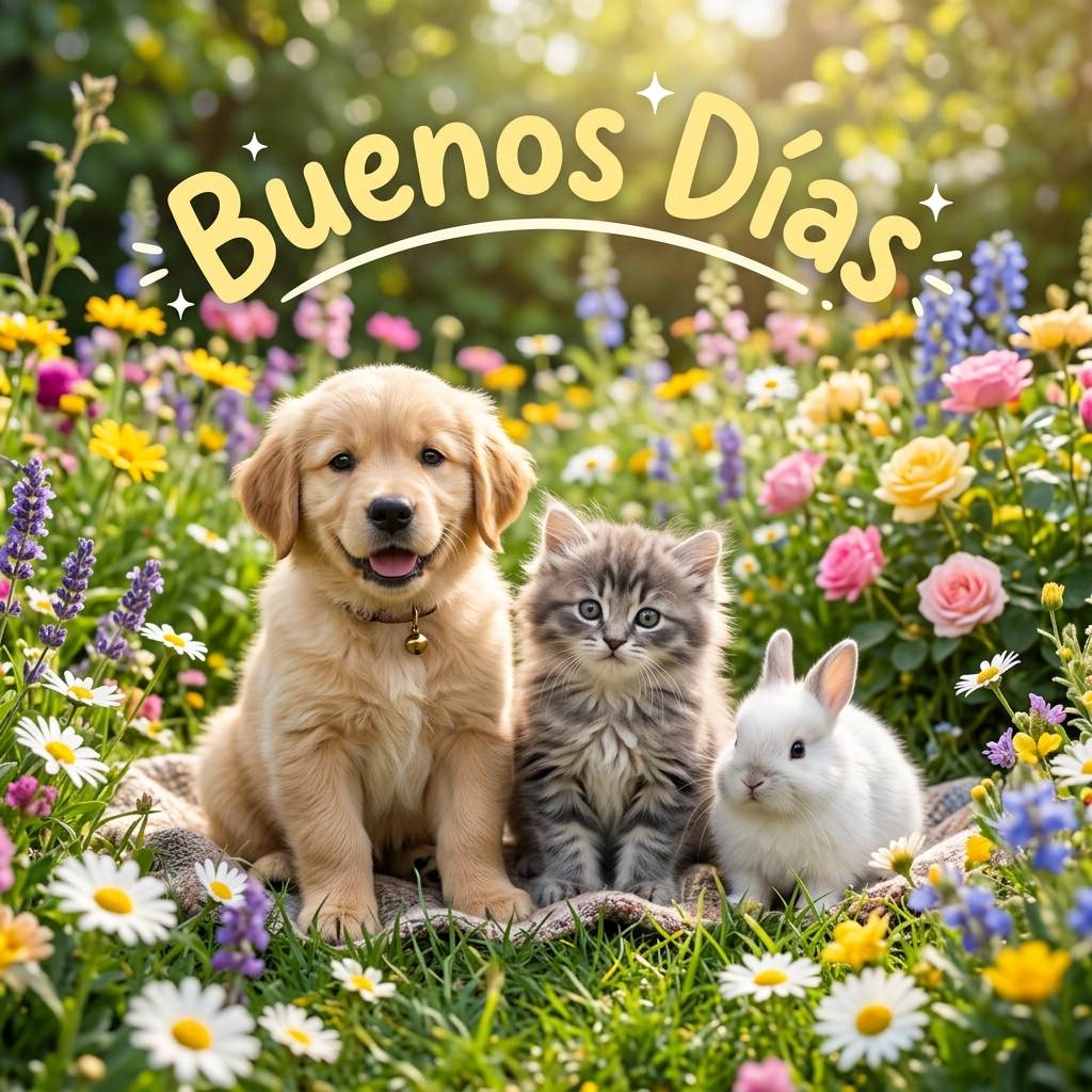 Cachorro, gatito y conejo juntos en un jardín de flores con texto Buenos Días