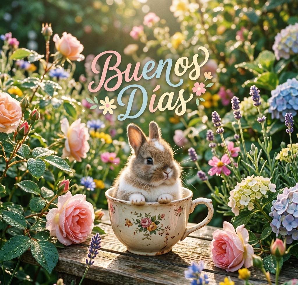 Tierno conejo bebé en una taza en un jardín florecido con saludo de Buenos Días