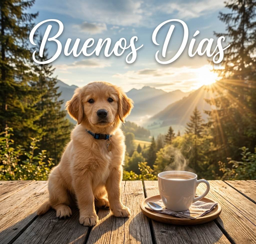 Cachorro de golden retriever junto a una taza de café caliente por la mañana diciendo Buenos Días