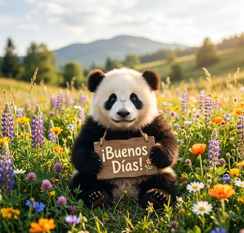 Lindo oso panda bebé en un campo de flores silvestres con un cartel de Buenos Días