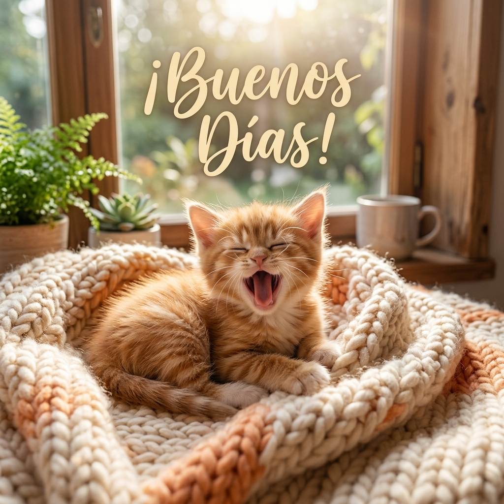 Gatito naranja bostezando en una manta tejida con sol de mañana y texto Buenos Días