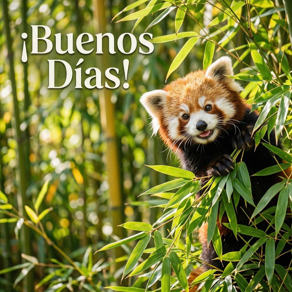 Pequeño oso panda rojo feliz en un bosque de bambú con saludo de Buenos Días