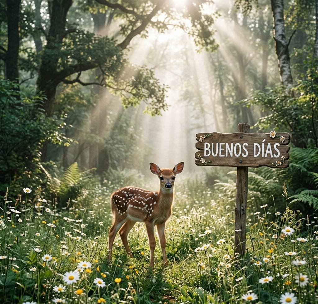 Pequeño ciervo bebé en un claro del bosque con margaritas dando los buenos días