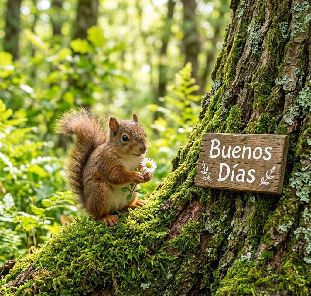 Ardilla bebé con una pequeña flor en un tronco de árbol dando los buenos días