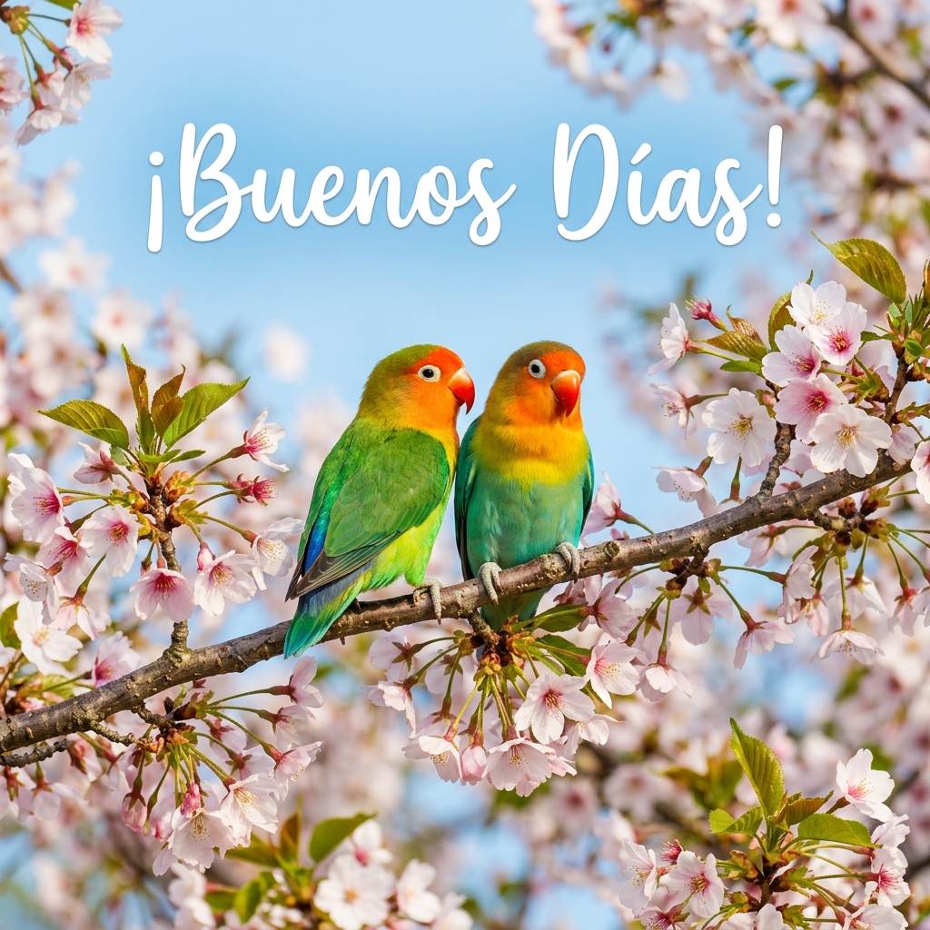 Dos pajaritos coloridos en una rama de cerezo con flores y texto Buenos Días