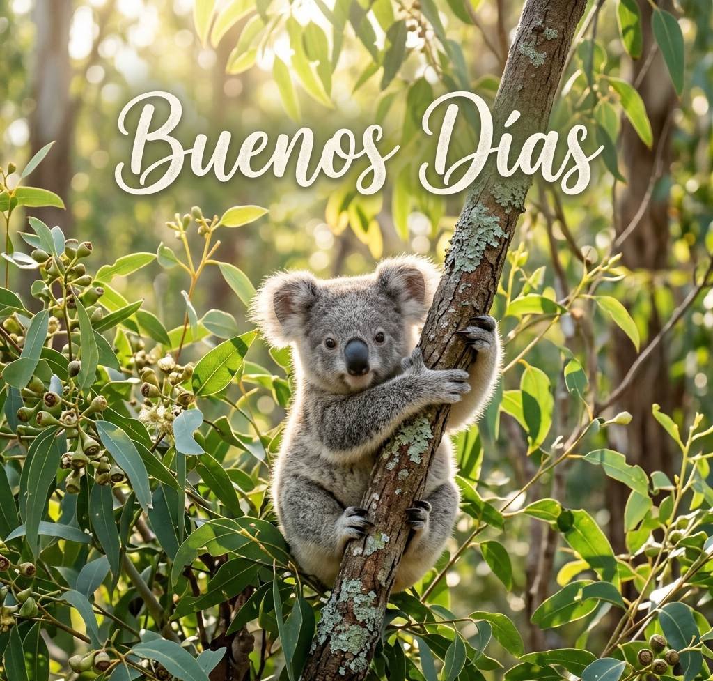 Lindo koala bebé abrazando una rama en el sol de la mañana con saludo de Buenos Días
