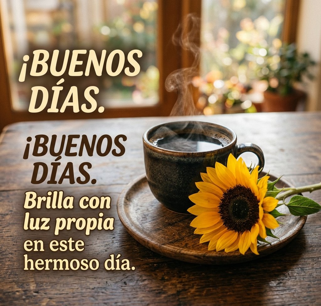 buenos dias con cafe y flores girasol