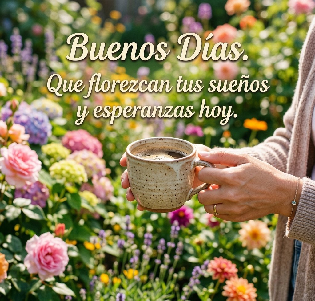 buenos dias con cafe y flores jardin