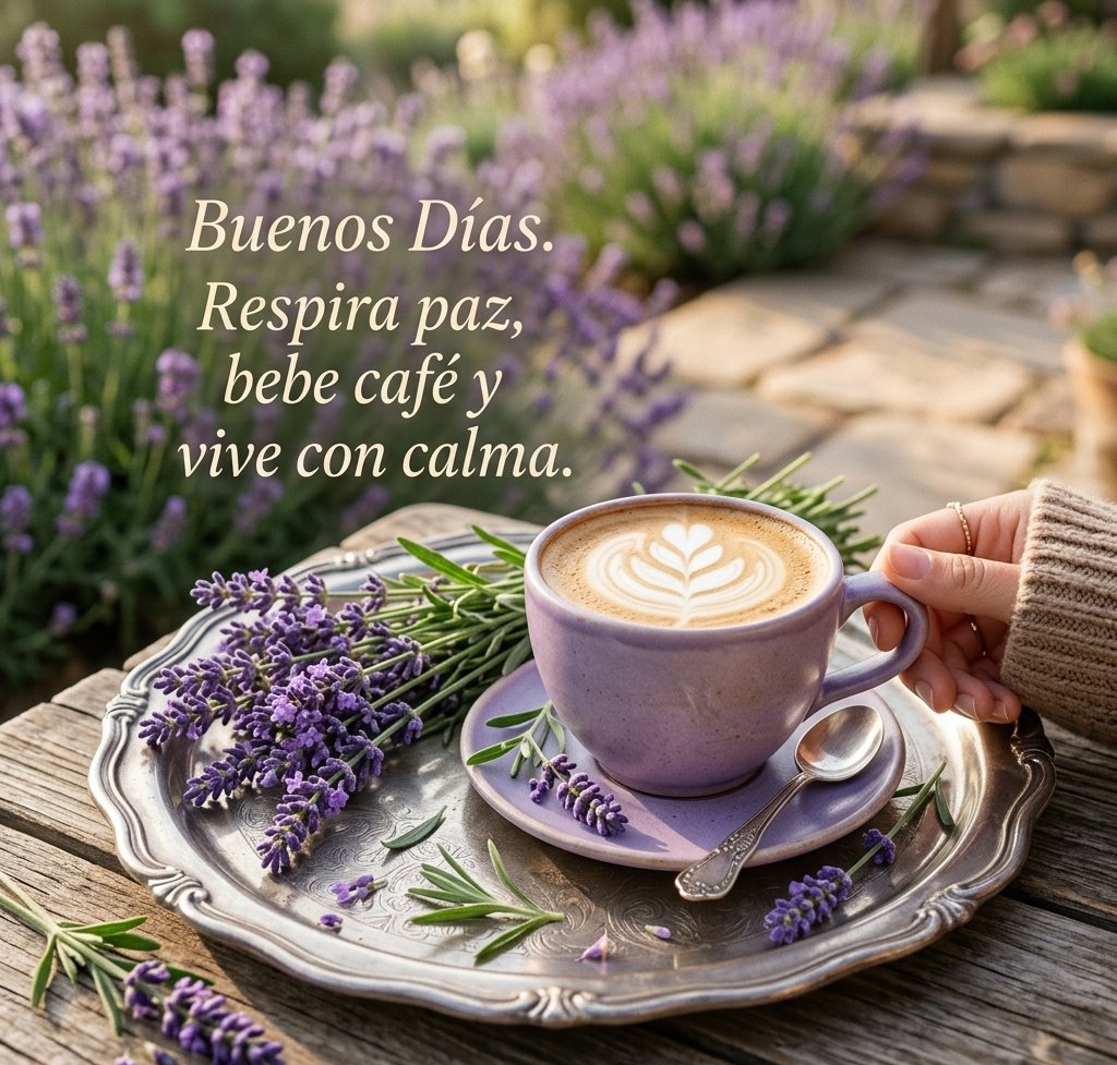 buenos dias con cafe y flores lavanda