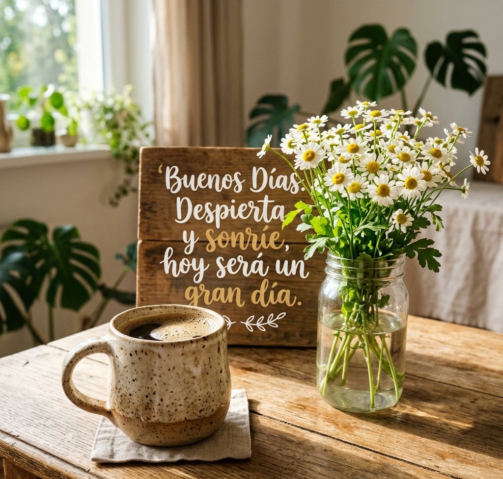 buenos dias con cafe y flores margaritas