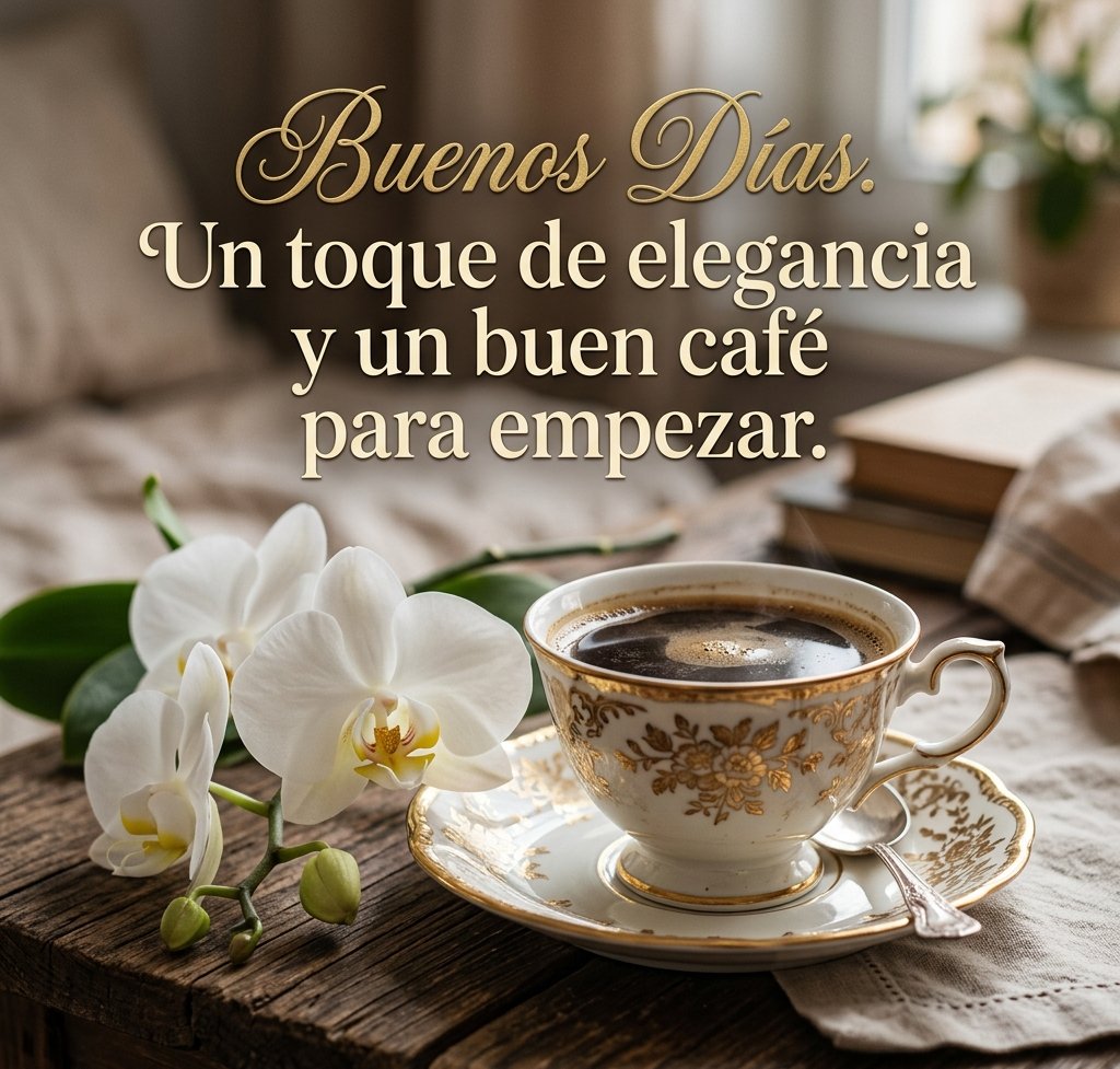 buenos dias con cafe y flores orquidea