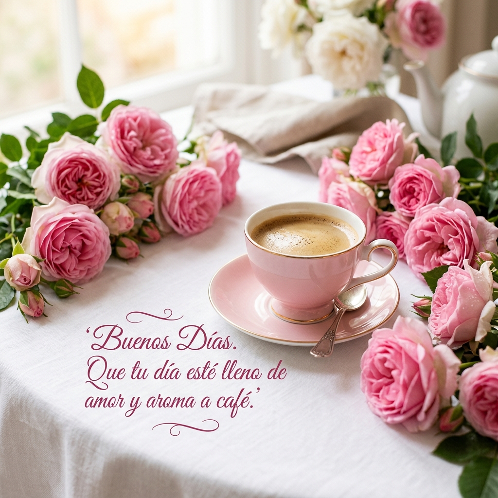 buenos dias con cafe y flores rosas