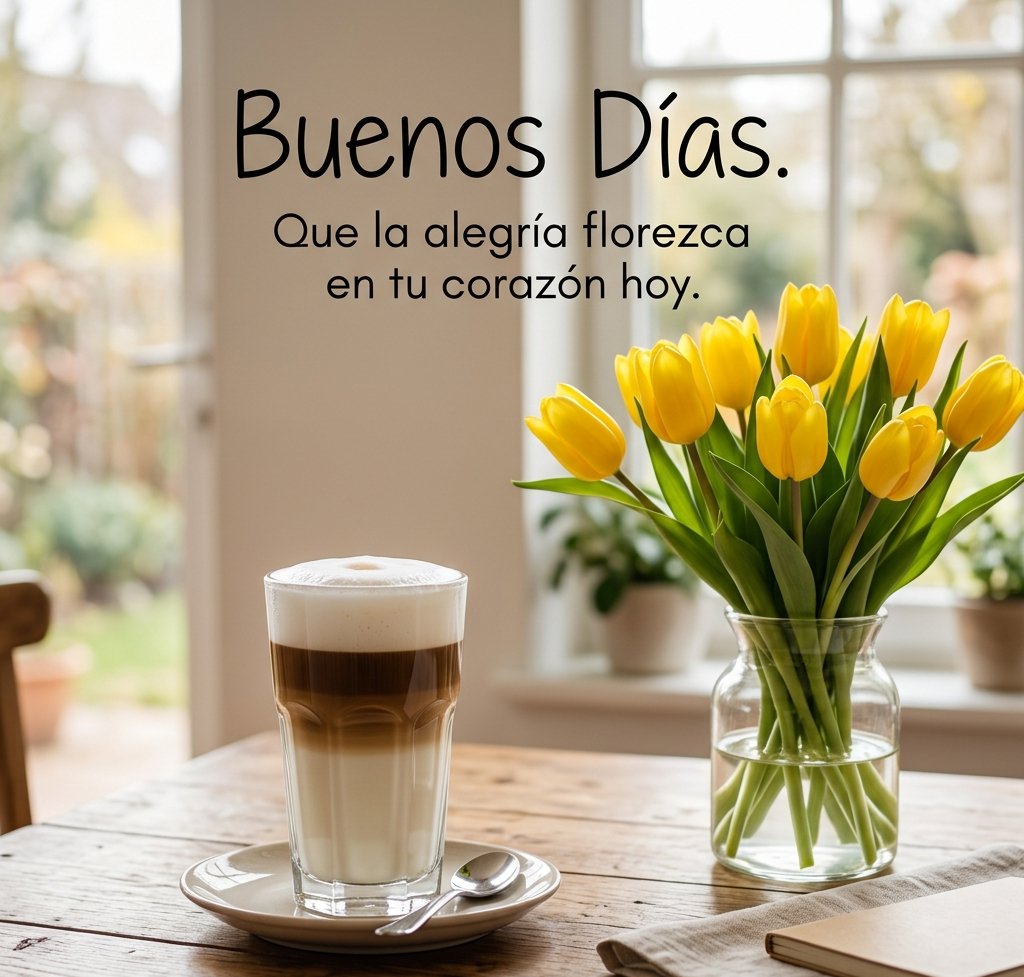 buenos dias con cafe y flores tulipanes