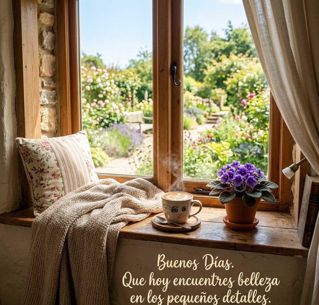 buenos dias con cafe y flores ventana