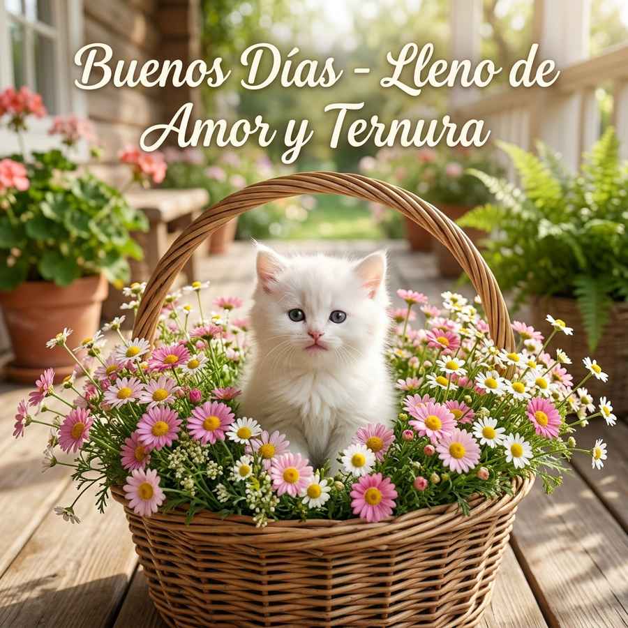 Buenos dias gatito blanco flores