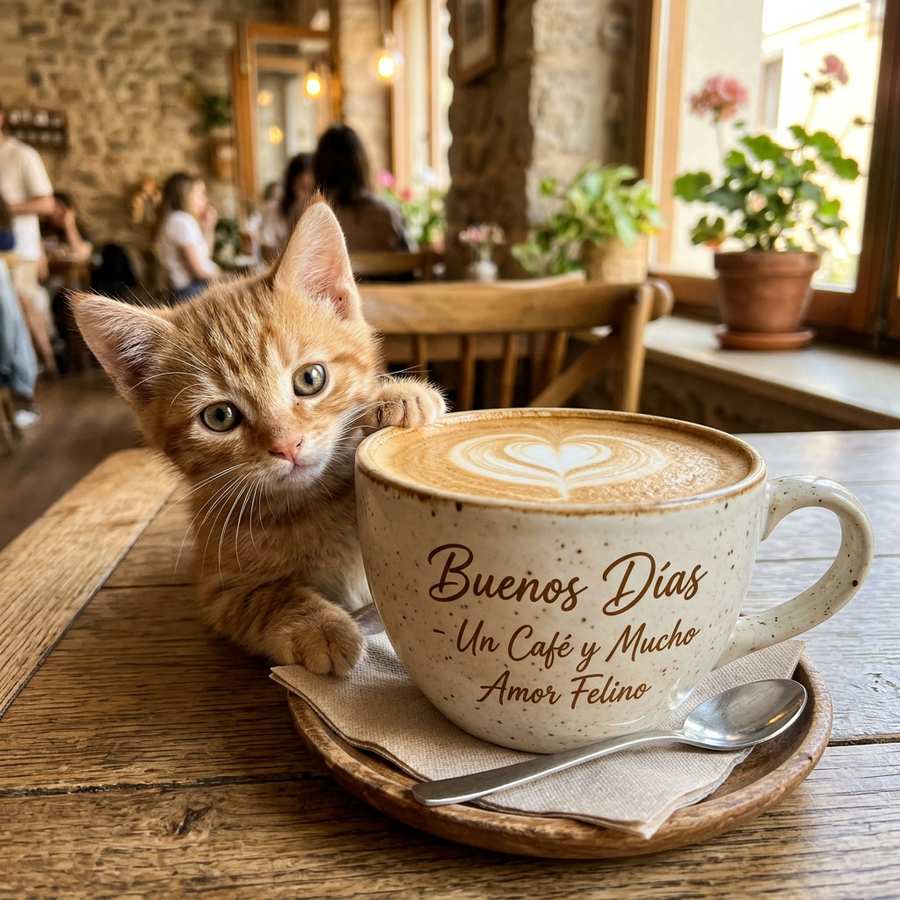 Gatito con taza buenos dias