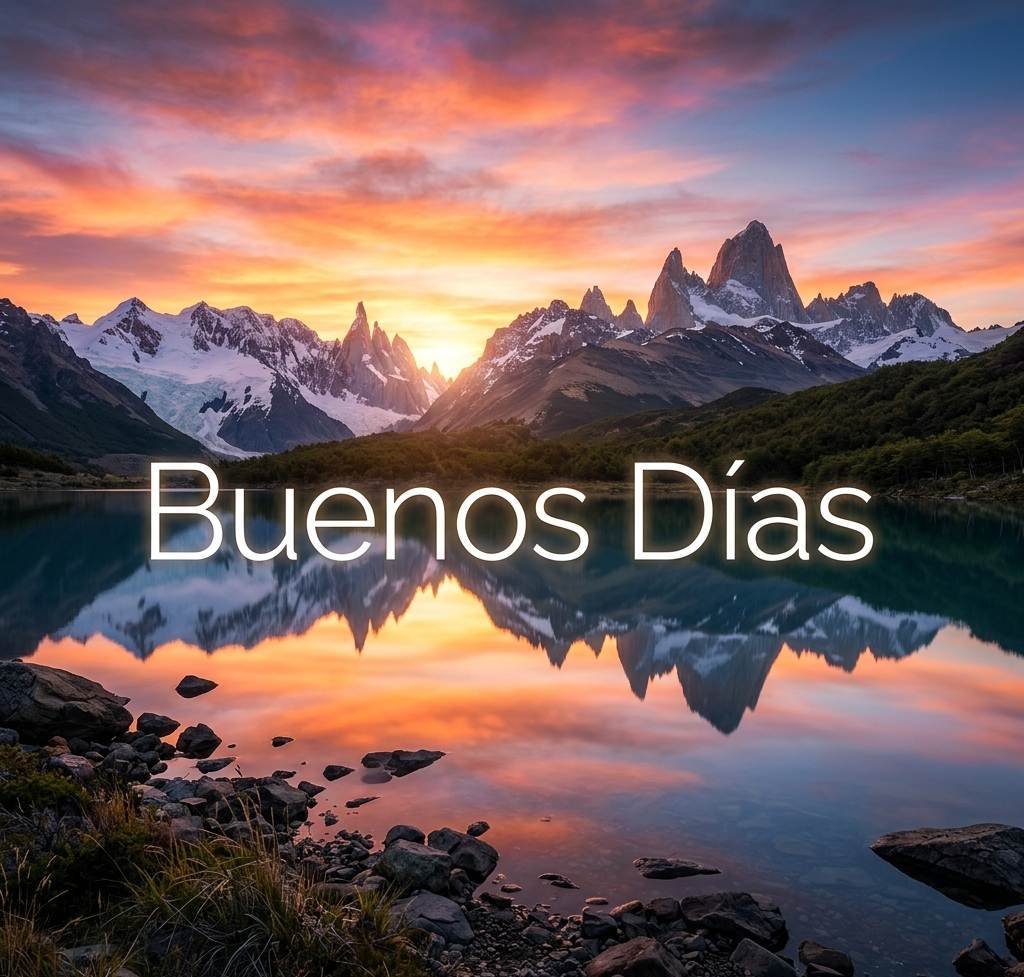 Impresionante paisaje de montaña y lago al amanecer con texto Buenos Días