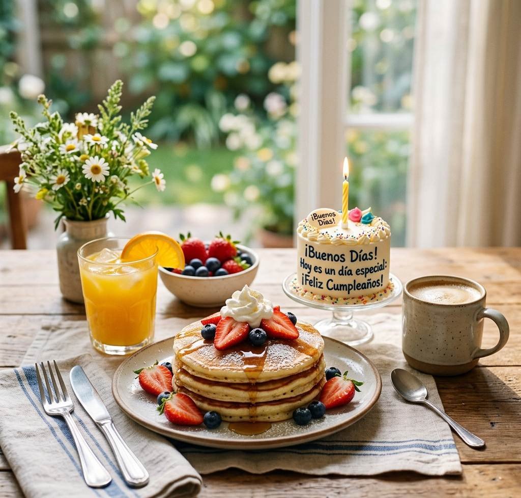 buenos dias hoy es un dia especial feliz cumpleaños desayuno