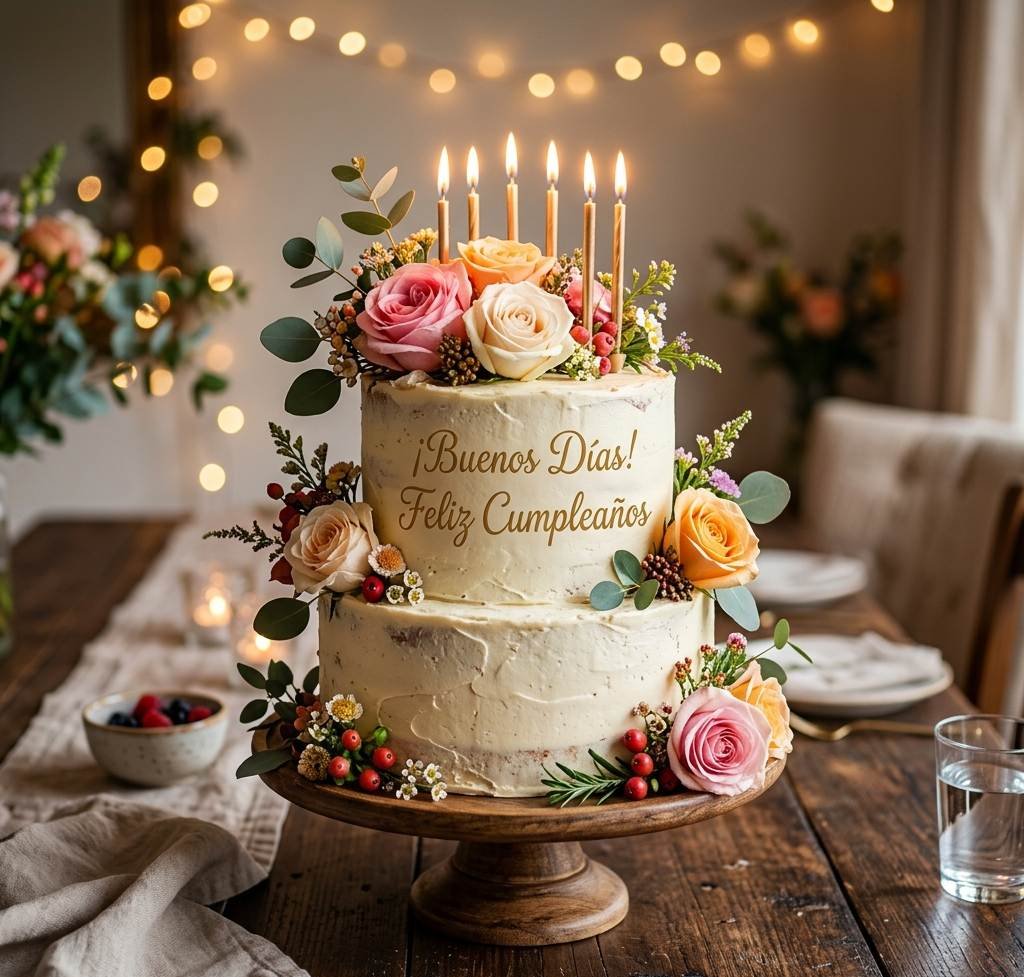 buenos dias feliz cumpleaños tarjeta con tarta y velas