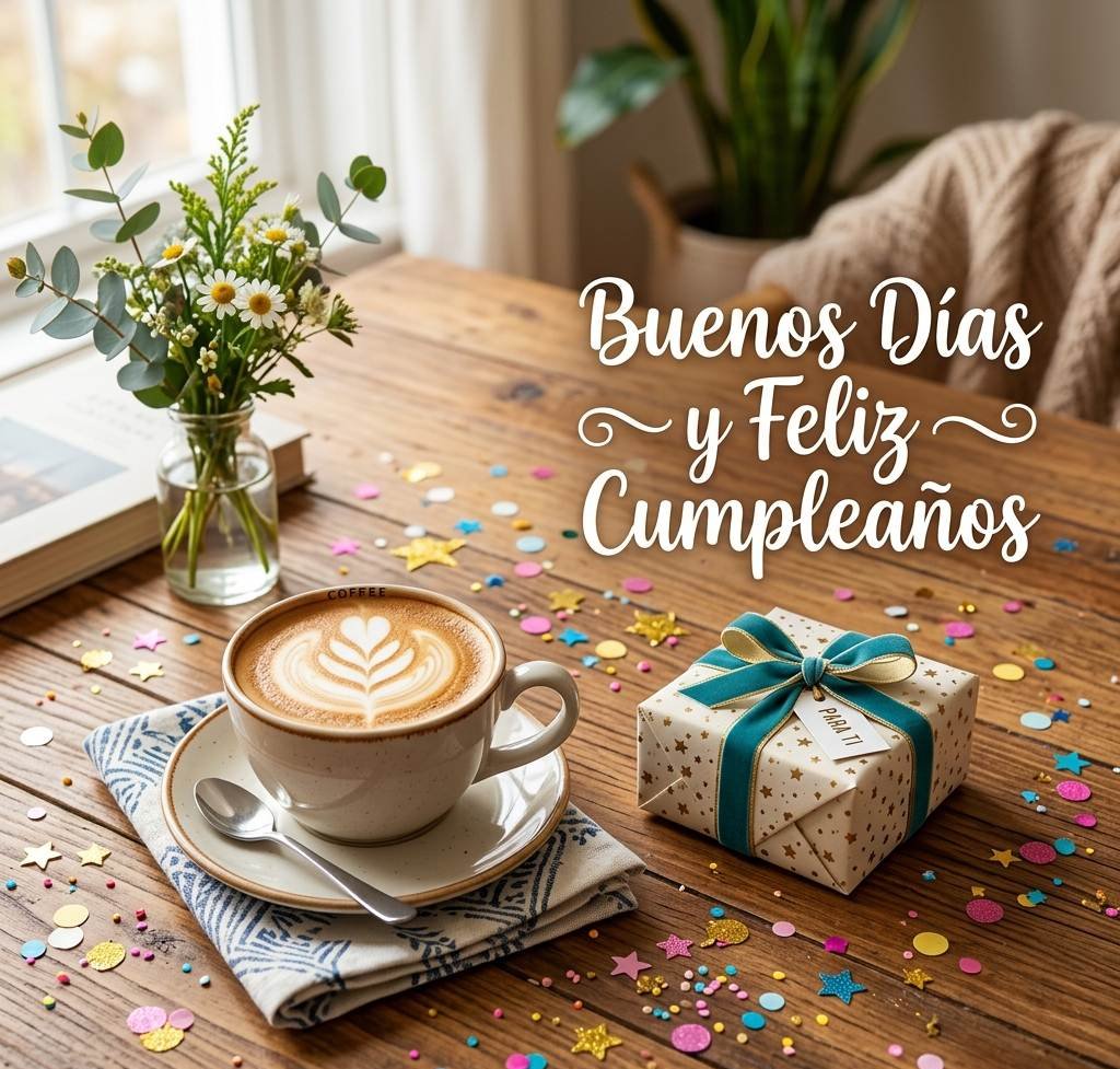 buenos dias y feliz cumpleaños cafe y regalo