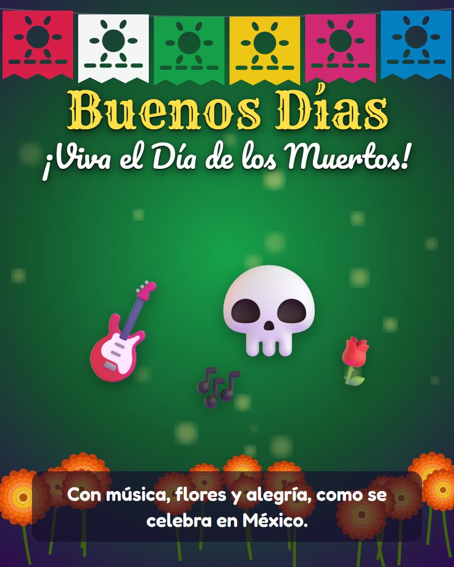 buenos dias viva el dia de los muertos mexico con guitarra y calavera