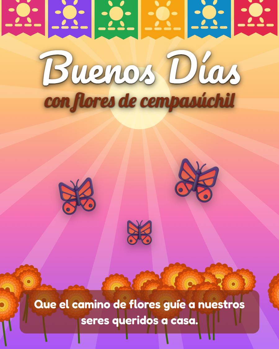 buenos dias dia de muertos con flores de cempasuchil y mariposas monarca