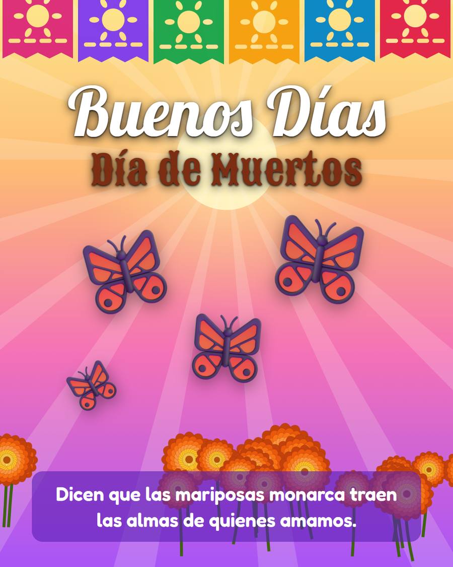 buenos dias dia de muertos con mariposas monarca y cempasuchil