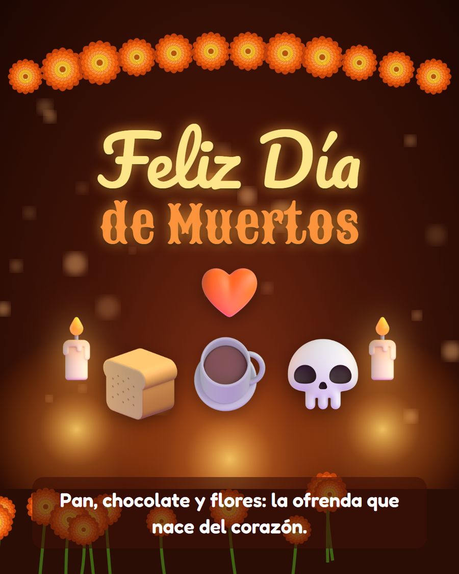 feliz dia de muertos ofrenda con pan de muerto chocolate y calavera