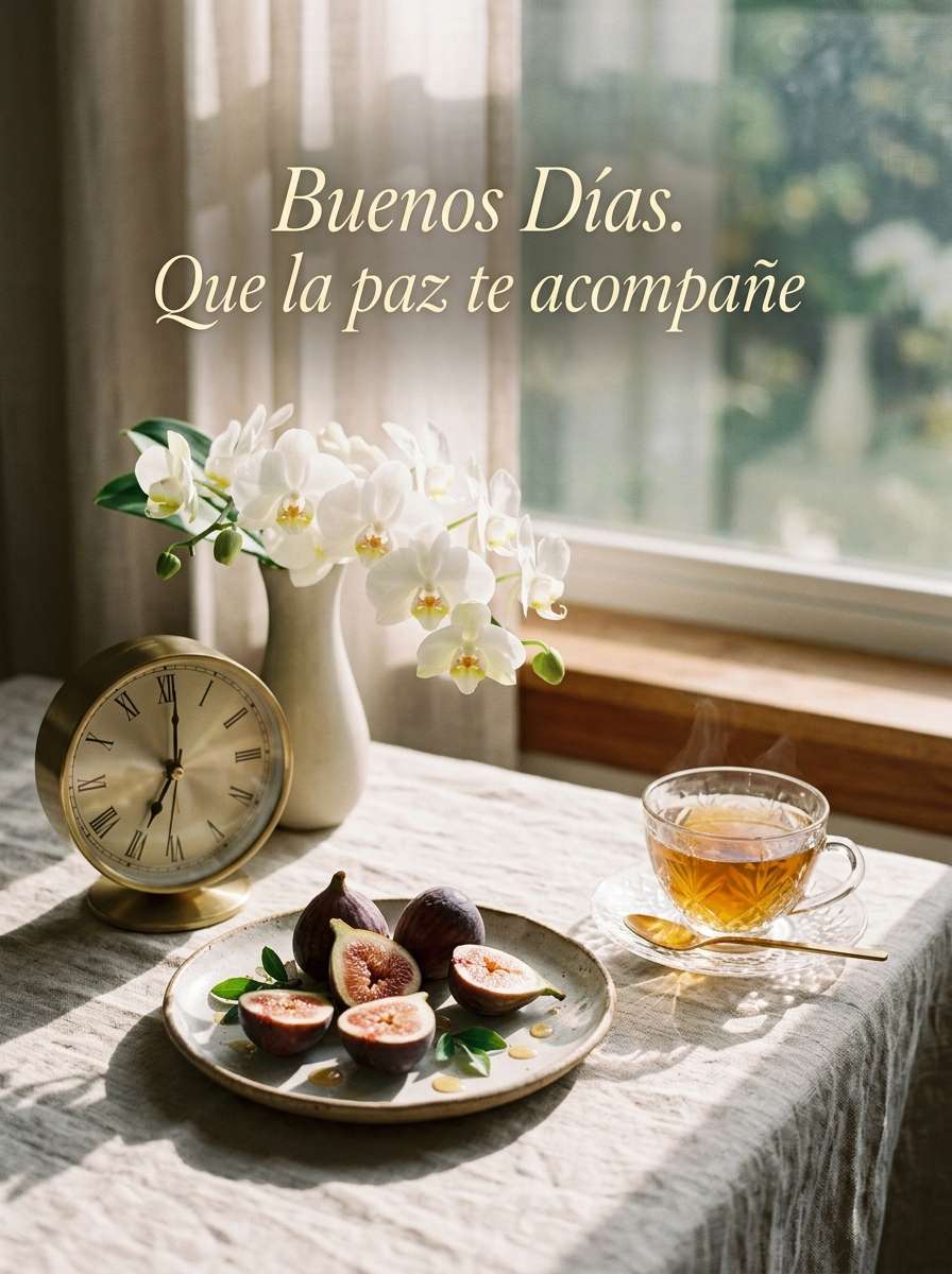 Buenos dias elegante flores y reloj