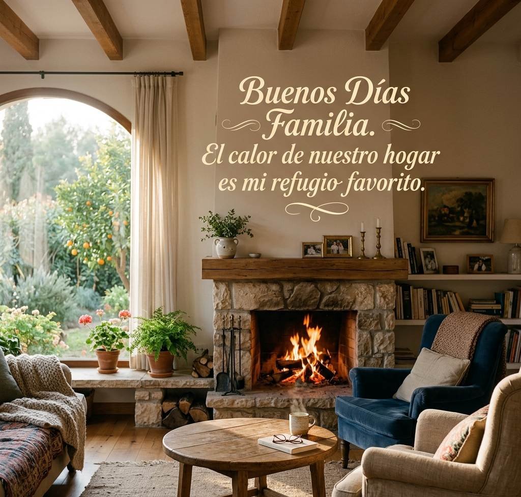 buenos dias familia chimenea hogar