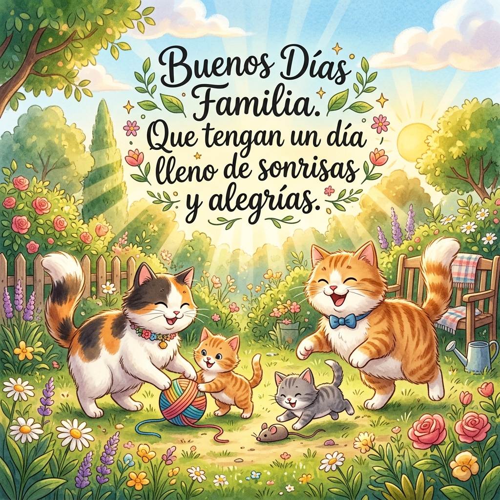 buenos dias familia gatos jardin