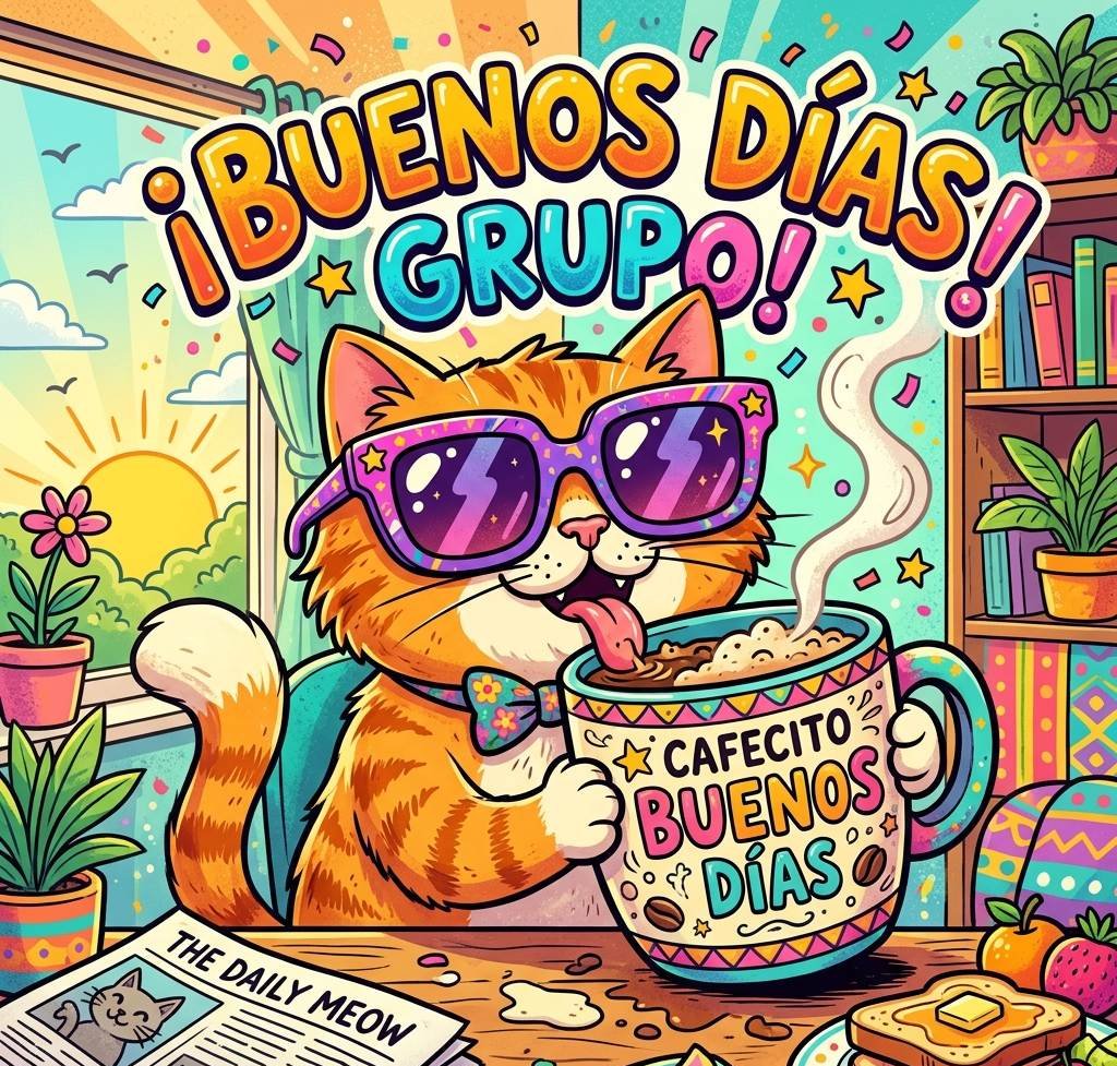 buenos dias grupo whatsapp divertido gato cafe