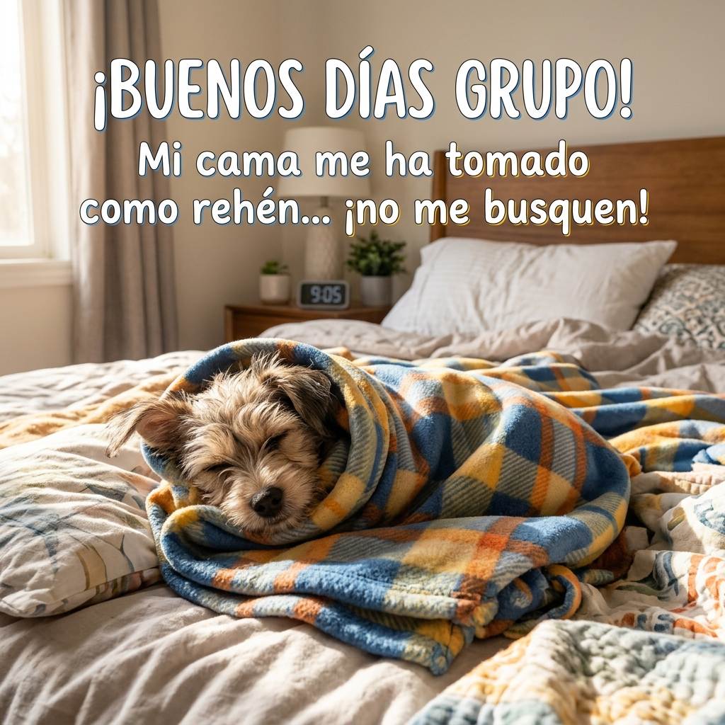 buenos dias grupo whatsapp divertido perro burrito cama