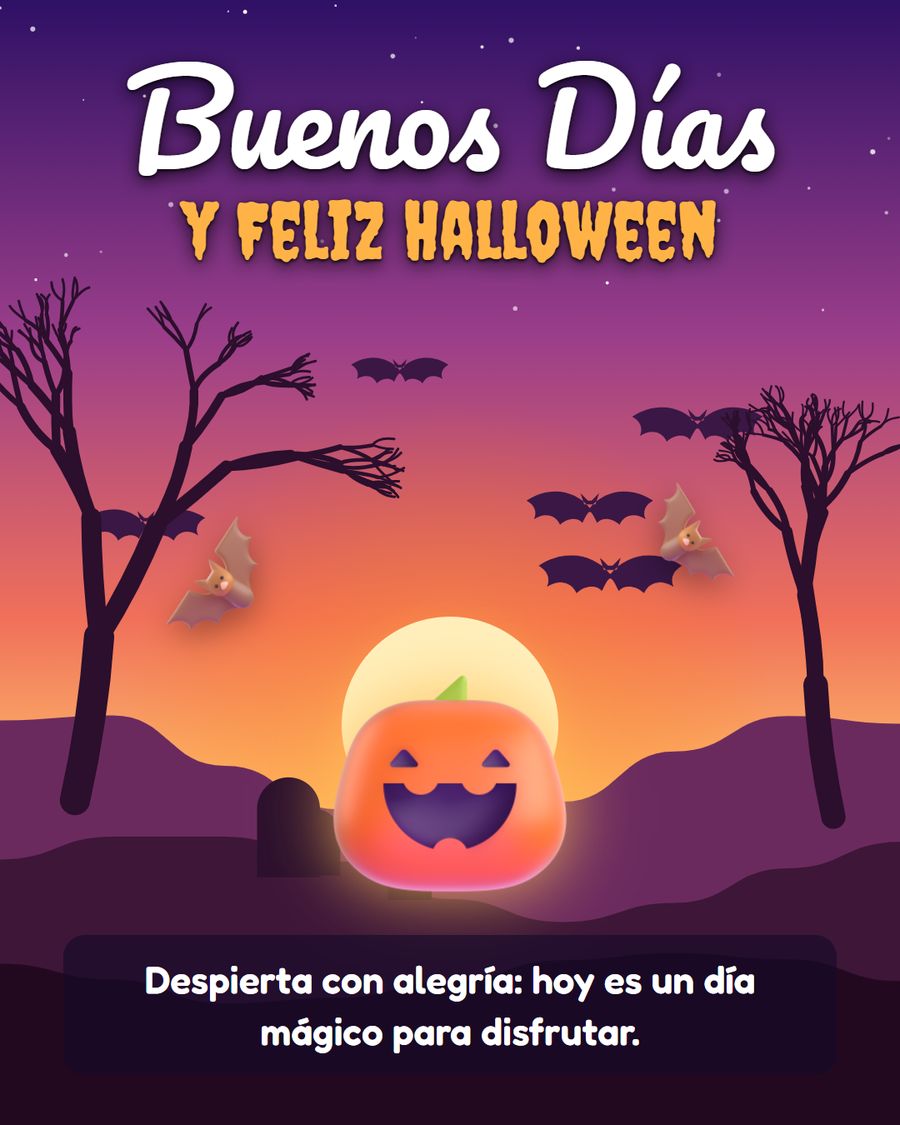 imagen de buenos dias y feliz halloween con calabaza y murcielagos al amanecer